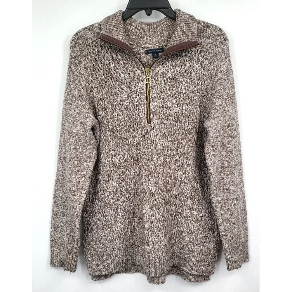 Tommy Hilfiger Women's Large Pullover 1/4 Zip Mock Neck Sweater Heathered Brown